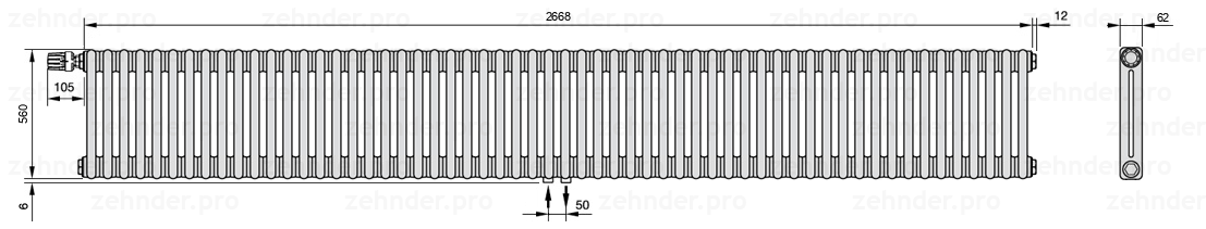 Схема (чертеж) Радиатор Zehnder Charleston 2056/58 №V007 Белый глянцевый RAL 9016